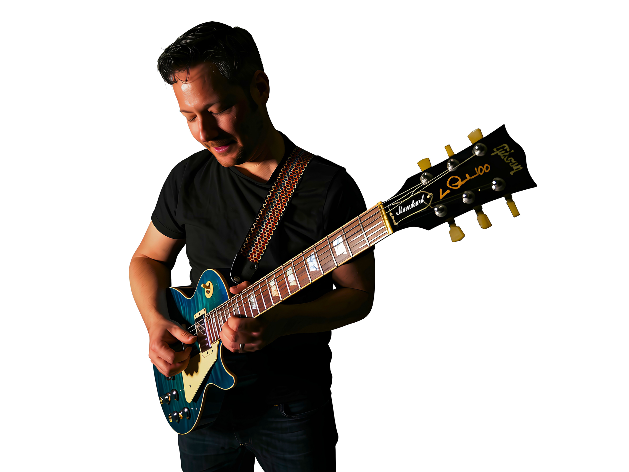 Udi Glaser playing his blue Les Paul guitar Udi Glaser playing his blue Les Paul guitar